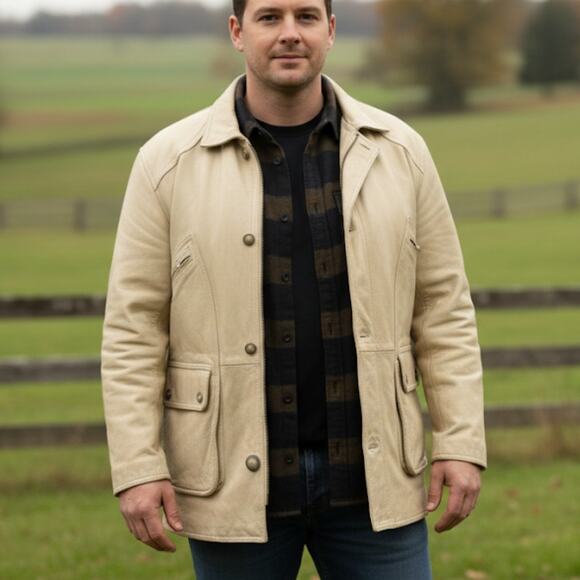 NWOT Mirage Men’s XXL Brushed Thick Creamy Tan Leather Field Coat, Barn Jacket - Picture 1 of 16